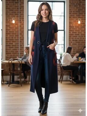 BCBGeneration Long Sleeveless Vest with Plaid Accents S